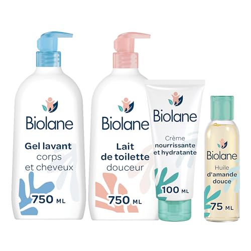 BIOLANE - Kit Bain & toilette - Bébé - Gel douche, Lait de toilette, Crème hydratante, Huile d'amande douce - Pour les peaux sensibles - Fabriqué en France