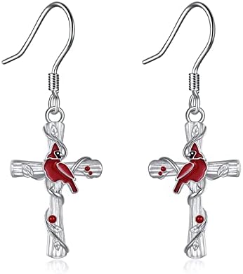 POPKIMI Red Cardinal Earrings S925 Sterling Silver Cardinal Jewelry Red Bird Memorial Red Cardinal Tree Dangle Earrings Jewelry Dangle Drop Hook Earrings Gift for Women Girls (Red Cardinal)