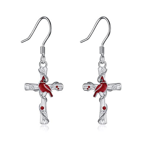 Popkimi Red Cardinal Earrings S925 Sterling Silver Cardinal Jewelry Red Bird Memorial Red Cardinal Tree Dangle Earrings Jewelry Dangle Drop Hook Earrings Gift For Women Girls (Red Cardinal) #TOP1