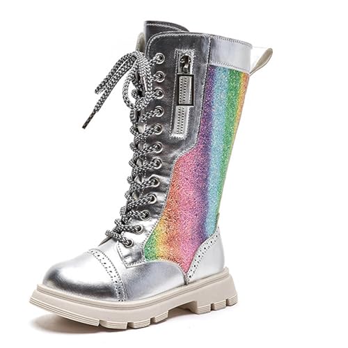 Girls Glitter Knee Length Boots Fashion Lace-Up PU Leather Riding Boots Side Zipper Sparkly Christmas Holiday Shoes4