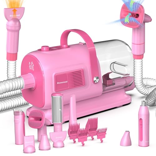 geoorood Dog Grooming Vacuum and Dryer Kit Blower for Pet Vacuum Grooming 7 in 1 with Clippers for Dogs Hair Shedding Brush Remover Tools at Home Pink