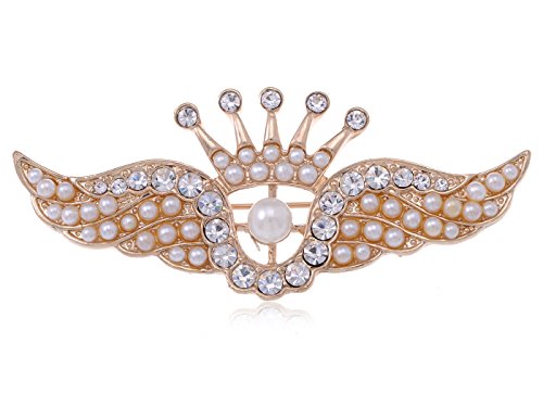 Alilang Golden Tone Clear Rhinestones Faux Pearls Crown Angel Wings Brooch Pin