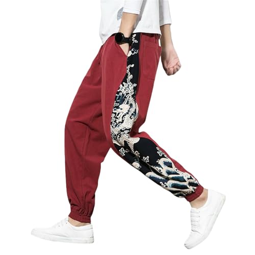 Pantalon style chinois homme motif dragon coupe ample décontracté en lin