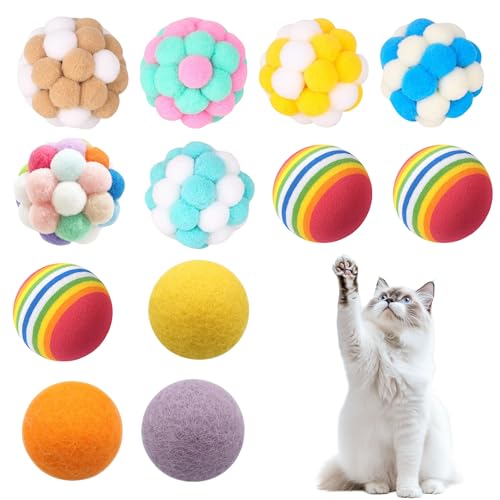 12 Stück Filzbälle für Katzen, Katzenspielzeug Bälle mit Glöckchen, Rainbow Katzenspielzeug Bälle, Katzenbälle aus Filz, Katzen-Spielsachen aus Wolle, für Innen Spielen Kauen Kratzen