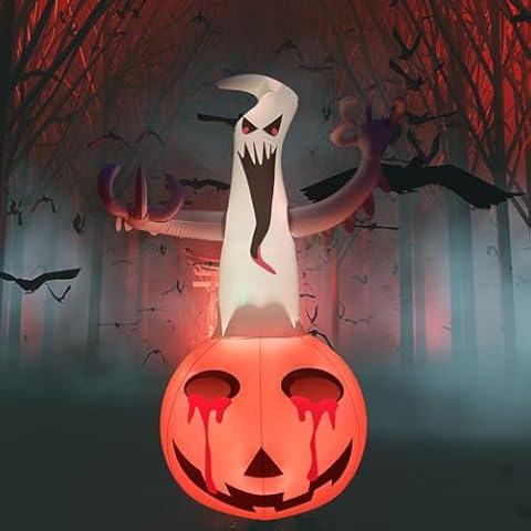 Halloween Inflatables Ghosts Decoration with LED Lights, 4 FT Pumpkin Ghost Inflatable Decorations 16 Color Changing with Remote Control for Indoor Outdoor Home Garden Lawn Garden Cover