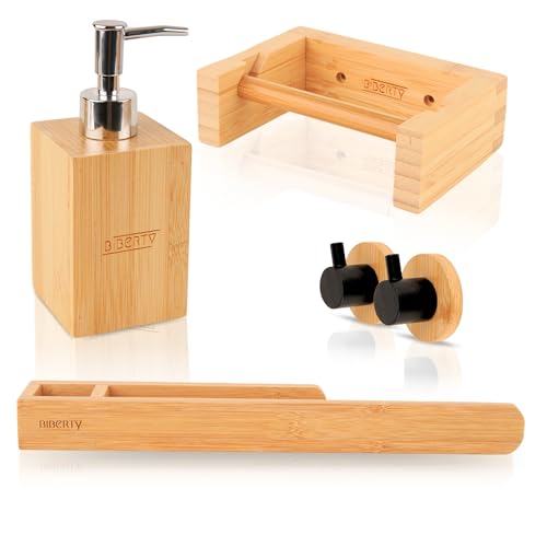 Biberty Accesorios baño Madera bambú, 5 Piezas con y sin Taladro dispensador de jabón, toalleros baño Madera, portarrollos Papel higienico Adhesivo, Colgador baño Adhesivo y dispensador jabón baño