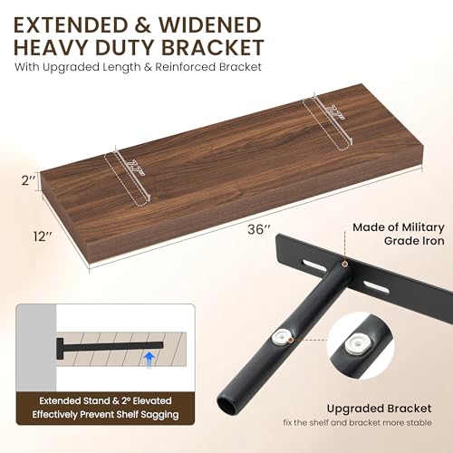 Image of Dreamland 36 inch Floating Shelves for Wall, 12 inch Deep Thicker Walnut Floating Shelves, Wall-Mounted Shelves for Bedroom, Living Room, Kitchen, Bathroom - Set of 2
