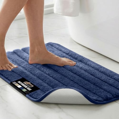 Image of GORILLA GRIP Memory Foam Bathroom Rugs, Soft Absorbent Textured Rubber Backing Striped Bath Mat, Machine Washable Quick Dry Cushioned Floor Mats, Shower Rugs Home Decor Accessories, Navy 30x18