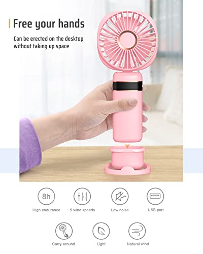 FAPPEN Mini Handheld Fan, Portable USB Hand Held Fan, Rechargeable 5 Speeds Folding Hand Fan with Base and Lanyard for Home Office Bedroom Outdoor Travel(Pink)