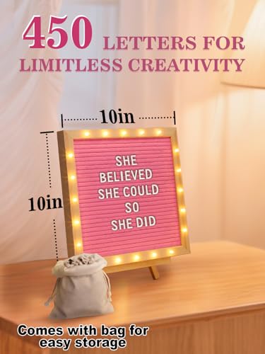 Image of 10 inchx10 inch Felt Letter Board with LED Lights & Stand, First Day of School Sign | Wall /Desk Display, 450-Letter, Message Custom Signs Poster Board, Baby /Pregnancy Announcement /Birthday Decorations, Pink