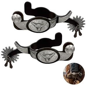 Lnrueg 2 Pcs Western Spurs, Cowboy Boot Spurs with Turnable Gear, Antique Copper and Brass Design with Engraved Trims, Retro Low Carbon Steel Horse Spurs