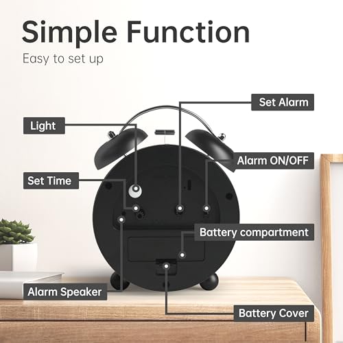Image of Twin Bell Loud Alarm Analog Alarm Clock, 4 inch Super Silent Non Ticking Small Clock with Night Light, Battery Operated, Simple Design, Old Fashioned, for Heavy Sleeper, Bedroom, Bedside, Desk, Black