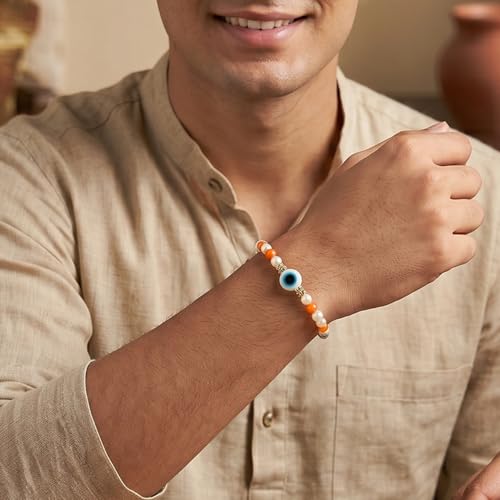 Image of Peora Evil Eye & Crystals Studded Rakhi for Brother Bhaiya | Red Thread | Raksha Bandhan Hamper with Roli Chawal Greeting Card
