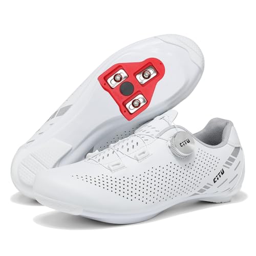 Zapatillas Ciclismo Hombre Mujer Ligeras para Bicicleta Carretera Compatibles con Pedales Peloton KEO Transpirables Y con Calas Delta,Blanca,47 EU