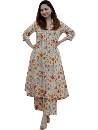 Image of GRECIILOOKS Co ord set for women stylish | Anarkali Kurta-Set - Viscose Printed Kurta & Straight Pant | kurtis| Festive Indian Traditional Outfit Dress for Functions & Puja | Trendy Travel & Streetwear Look for Woman | 3 /4 Half Sleeve