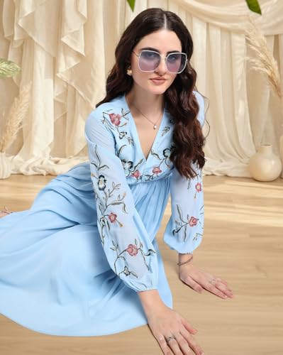 Image of Amazon Brand - INKAST Women Embroidered V-Neck Chiffon A-line Dress | Casual & Semi-Formal Everyday Office Wear | Long Sleeve | Knee Length