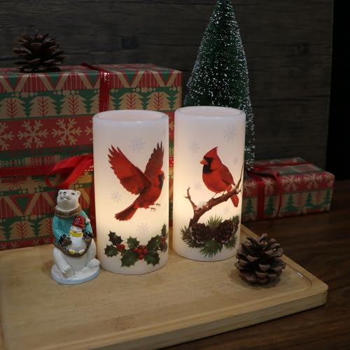 Image of Christmas Cardinal Flameless Pillar Candles with Remote Timer, LED Candles in Real Wax Holder, Battery Operated Candle for Christmas Decor Indoor Xmas Gifts(2 Pack, 3 inch x 6 inch)