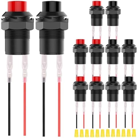 MKBKLLJY 12Pcs Red/Black Mini Self-Locking On Off Switch AC 250V 1.5A 125V3A 2Pin 12V 12mm Latching Push Button Micro Round Pushbutton Switch with Terminal Wires and Wiring Cap for RV Car Table Lamp Cover