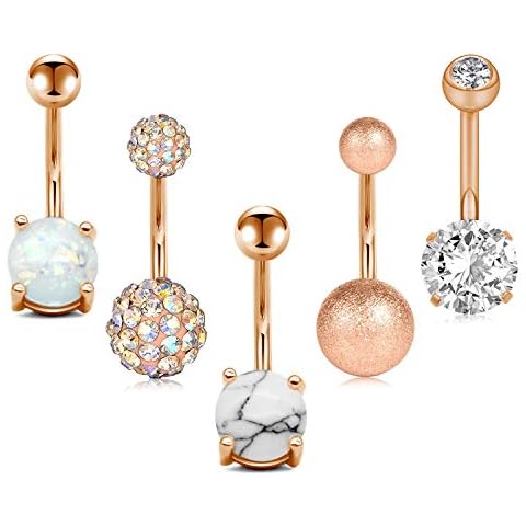 JFORYOU 5 Pcs Belly Button Rings Stainless Steel for Women Navel Rings 5 Style 14G Navel piercing Rose Gold Color Body Piercing Jewelry Cover