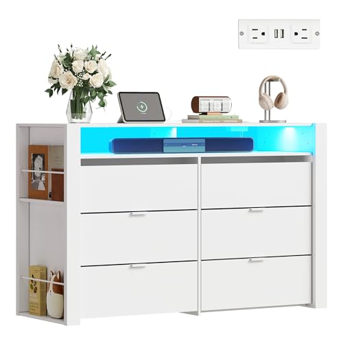 Image of WLIVE 6 Drawer Led Dresser for Bedroom, 51" White Wood Dresser Storage Organizer with Charging Station for 55" TV, Dressers with Open Shelves, Hanging Rack, Chest of Drawers for Closet, Living Room