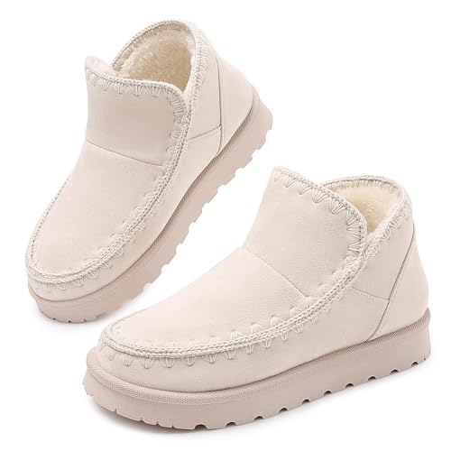 Goldnut Slip On Winter Boots for Women - Faux Suede Warm Fur Lined Comfy Booties with Stitching Trim Beige Size 9