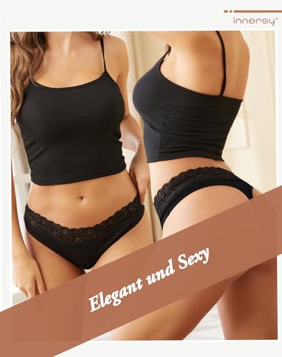 INNERSY Tanga Damen Sexy Spitze Baumwoll String Schwarz Hipster Pantys Bequeme Thong 6er Pack (S, 6 Schwarz mit Spitzenbund)