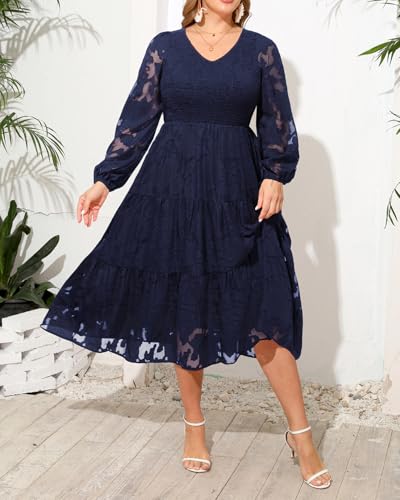 Pinup Fashion Plus Size Fall Wedding Guest Dress - Long Sleeve V Neck Floral Lace Smocked Flowy Tiered Midi Dress4