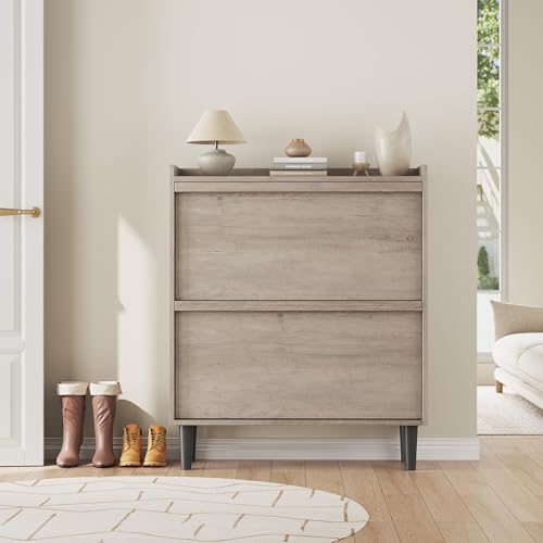 GarveeHome Shoe Cabinet with 2 Flip Drawers, Wooden Shoe Organizer with Adjustable Shelf, Shoe Storage for Entryway, Hidden Shoe Cabinet for Hallway, Living Room, Grey