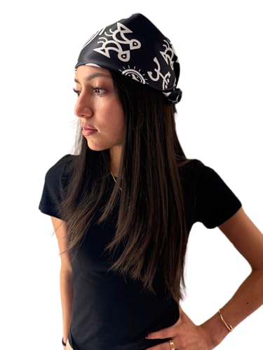 Silk Scarf for Women - Black White Silk Bandana with Taino Symbols, Festival Headwear, Puerto Rico Panoleta de Cabeza