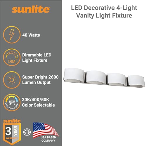 Image of Sunlite LED Decorative Vanity Light Fixture, 40 Watts, 2600 Lumens, Color Selectable 30K /40K /50K, 4 Lights, Dimmable, 90 CRI, ETL Listed, Brushed Nickel, for Bathroom, Powder Rooms, and Hotels