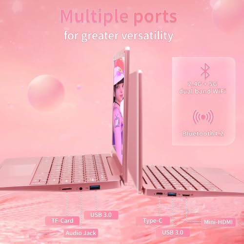 Image of 10.1-inch Portable Mini Pink Laptop Computer, DDR4 8GB RAM, 256GB SSD, Celeron N4000, Built-in Webcam, Notebook with WiFi, HDMI, Bluetooth, Type-C Charging, Easy to Carry (Pink)