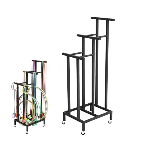 フラフープ 収納 フラフープ収納カート、キャスター付きフラフープオーガナイザー、ヨガスタジオ、ホームジム、ガレージ用の錬鉄製可動式ジャンプロープラック
