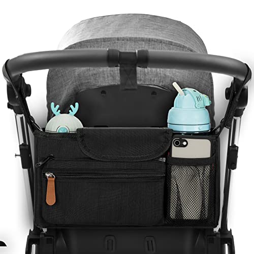 Image of Universal Stroller Organizer, 2 Cup Holders & Detachable Bag with Shoulder Strap Stroller Bag for Bottle, Diaper, Phone, Toys, Baby Items, Design Fit All Strollers (Black)