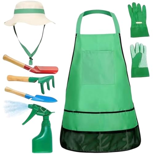 Kids Gardening Kit, 7PCS/Set Toddler Gardening Set with Sun Hat, Apron, Sprayer, Gloves, Rake, Trowel and Shovels, Garden Tools for Kids Height 45.28-57.09 Inch Toddler Tools