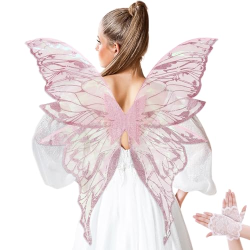 NUVCELKA Fairy Wings for Adults Butterfly Costume with Lace Gloves Large Fantasy Wings for Halloween Cosplay (Pink - Organza)