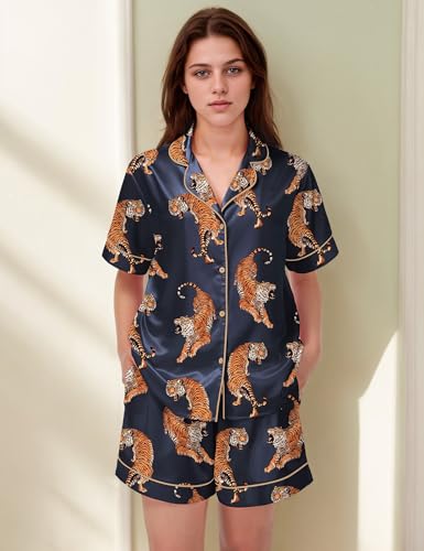 Image of SHESHOW Satin Pajamas for Women Set Preppy Animals Pjs Short Sleeve Shorts 2 Piece Loungewear Sets XS-XXL