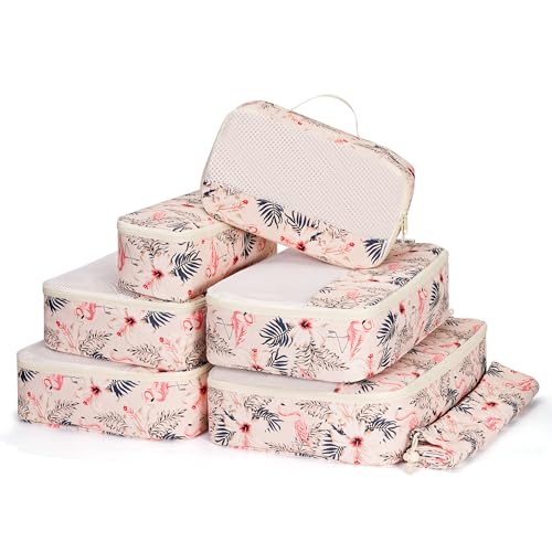 Narwey 7 Sets Organizador Maletas Bolsos, Packing Cubes, Bolsas Viaje para Mochila, Equipaje de Mano y Maleta, Bolsas Organizadoras Ropa para Viaje Hogar Negocios (Flamenco beige)