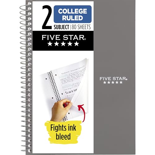 Five Star Spiral Notebook, 2 Subject, College Ruled Paper, 6' x 9-1/2', 80 Sheets, Fights Ink Bleed, Water Resistant Cover, Gray (840029AA3-ECM)