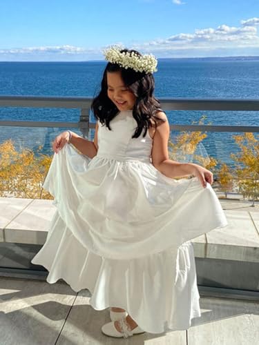 Girls Crewneck Layers Flower Girl Satin Pageant Dress with Bow Knot Backless Birthday Party Formal Dress3