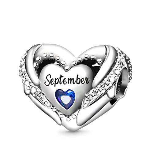 GNOCE Birthstone Charm for Charms Bracelet 925 Sterling Silver Love Heart Bead Happy Birthday Charms for Bracelet/Necklace Gift for Valentine's Day Mother's Day (September)