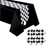 Kunststoff-Tischläufer, kariert, 35,6 x 274,4 cm, Rennwagen, Kunststoff-Tischdecken, Rennstrecke, Tischdecke, schwarz-weiß, Schachbrett-Tischdekoration für Geburtstag, Renn-Mottoparty, 6 Stück
