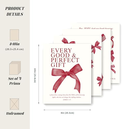 Image of LARTSFRO Coquette Red Bow Wall Art Decor Posters, Red Bow Christian Room Bedroom Bathroom Dorm Wall Art Decor Aesthetic for College Teen Girls Gifts, Inspirational Bible Verses Bow Wall Decor, 10x8 Inch Set of 4 Pcs Bow Pictures (UNFRAMED)