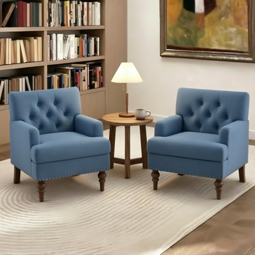 Image of MALOL Upholstered Accent Chairs Set of 2, Mid Century Modern Living Room Bedroom Reading Chair with Thick Cushion & Solid Rubberwood Legs, Comfy Armchair for Small Spaces, Blue