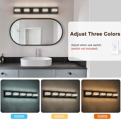 Image of LED Wall Black Vanity Lights for Bathroom Light Fixtures 30W Adjust 3 Colors Modern Bath Lighing Over Mirror Acrylic Heads LED Vanity Light (5-Light,34inch)