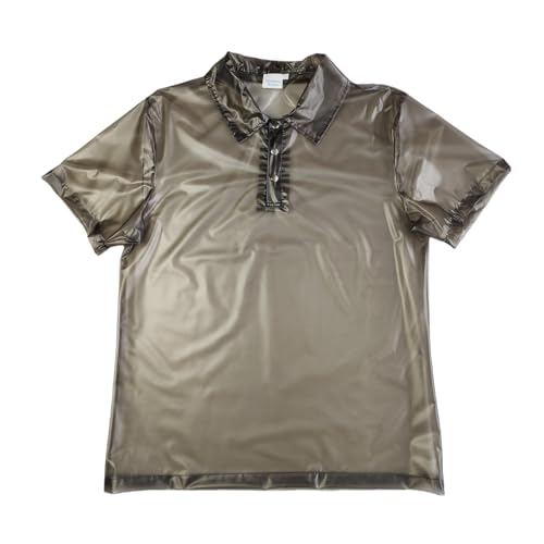 Men's Transparent PVC Polo Shirt, Metallic Finish, Regular Fit, Short Sleeve, Snap Button Closure, Party Wear