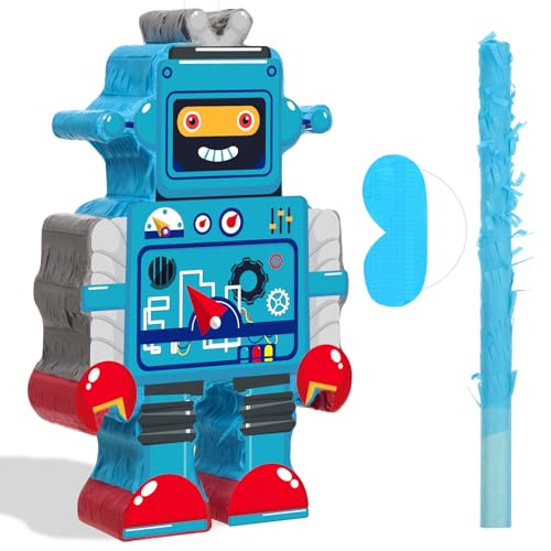 Harrycle Robot Piñata with Red Blue Stick Tassel Eye Mask Double Tassel Piñata Set for Boys Girls Birthday Party Baby Shower Robot Theme Party Decoration, 16.1 x 10.2 x 3.2 Inch