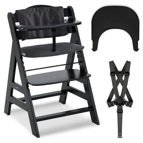 hauck Hochstuhl Alpha+ mit Tablett Click Tray und Sitzpolster - Mitwachsender Babystuhl aus Holz, Kinderhochstuhl ab 6 Monate, verstellbar - Schwarz