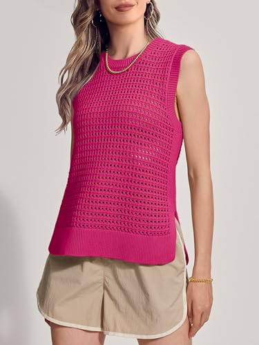 Image of SuperPrity Women's Sweater Vest Sleeveless Crochet Sheer Knit Sweater Tank Casual See Through Crewneck Sweater