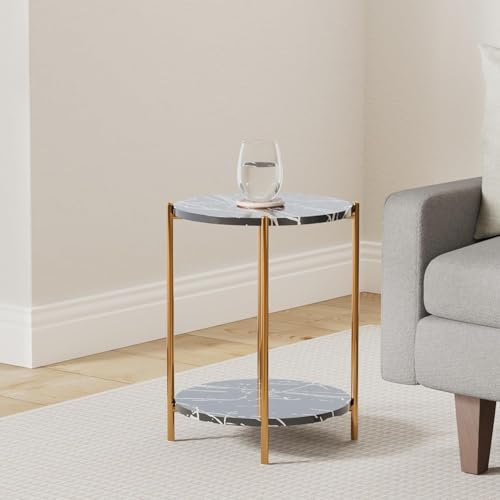 Image of Round End Table 2-Tier Side End Table with White Marble Top,Bedside Table for Living Room or Bedroom, Modern Accent Table with Metal Frame (Gold & Black)