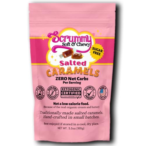 Scrummy Sweets Salted Caramels - Sugar Free, Diabetic Friendly, Keto Certified, No Sugar Alcohols, Zero Net Carbs. Made with Organic Butter & Cream, Celtic Salt - 3.5oz Bag